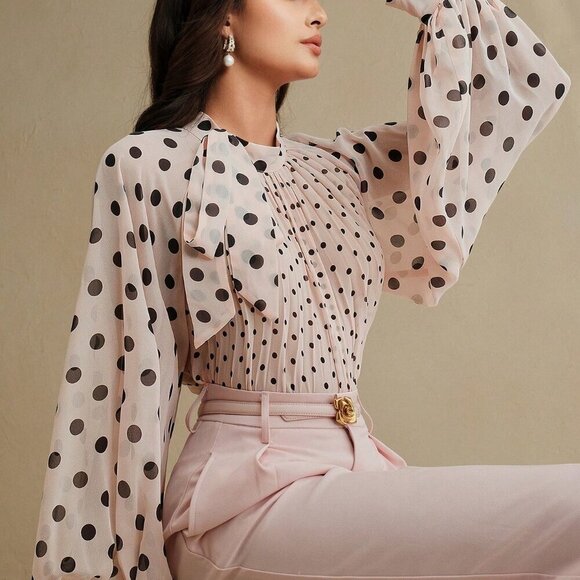 Baby Pink Elegant Women's & Polka Dot Pleated Tie Front Long Sleeve Blouse - Picture 2 of 7